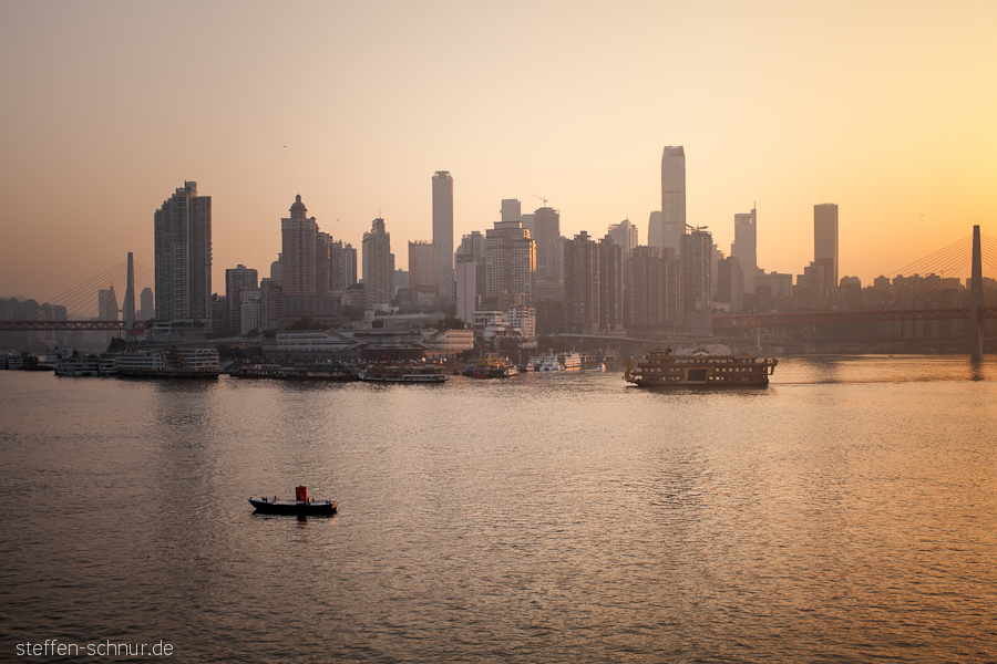 Chongqing
 city skyline
 ship
 sunset
 China
 Bridge
 river
