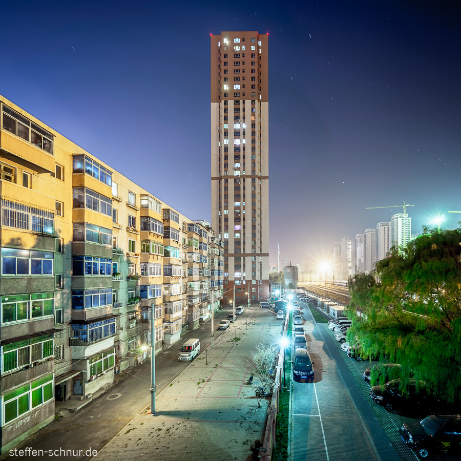 cars
 Shenyang
 China
 high rise
 night
 parking
 street
