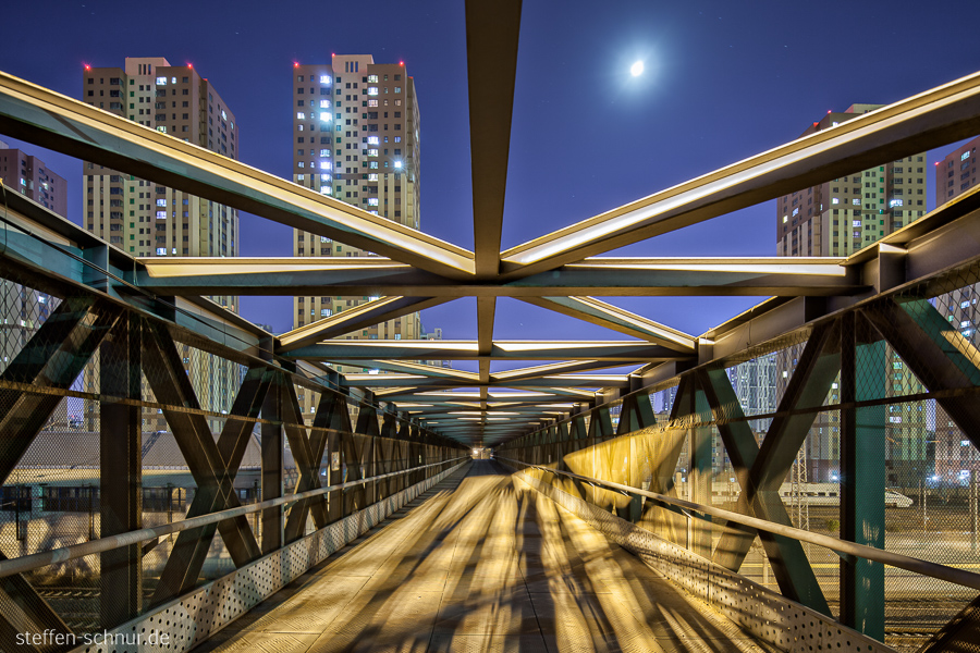 moon
 Shenyang
 China
 Bridge
 footbridge
 skyscrapers
 night
