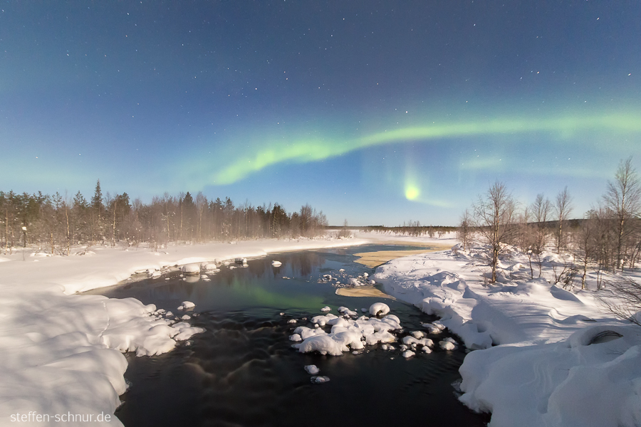 aurora borealis
 snow
 Lapland
 Finland
 Trees
 river
 night
