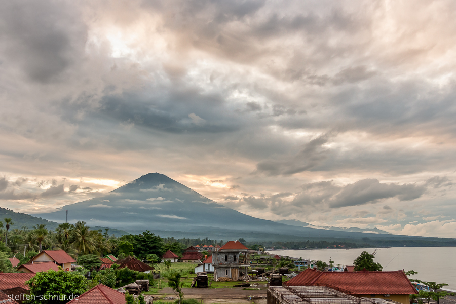 volcano
 Mount Agung
 Bali
 Amed
 Indonesia
 village
 houses

