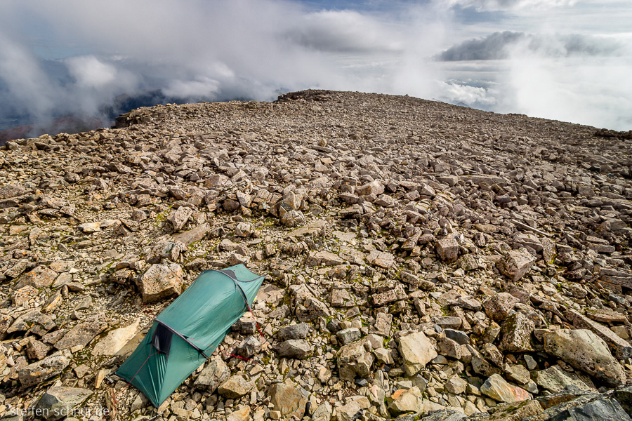 Ben Nevis
 rock
 stones
 tent
 above the clouds
