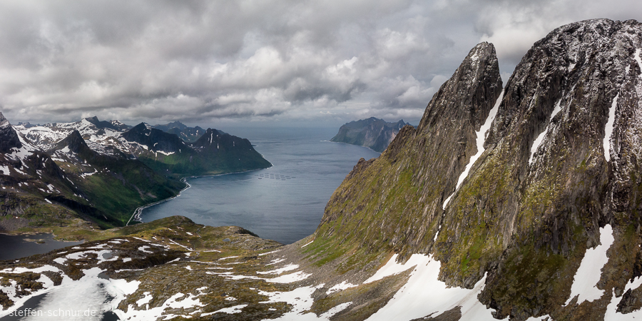 Senja
 mountain top
 fjord
 Norway
 from above
