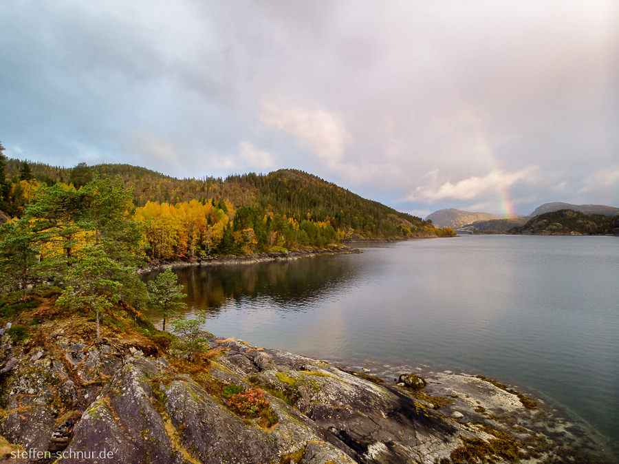 rainbow
 Trøndelag
 Trees
 rock
 fjord
 Norway

