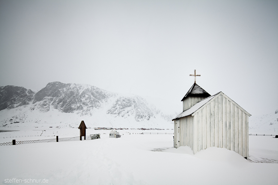 snow
 mountains
 church
 architecture
 chapel
 Lofoten
 Norway

