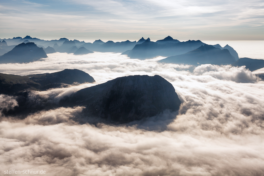 Nordland
 summit
 Lofoten
 Norway
 from above
 above the clouds
