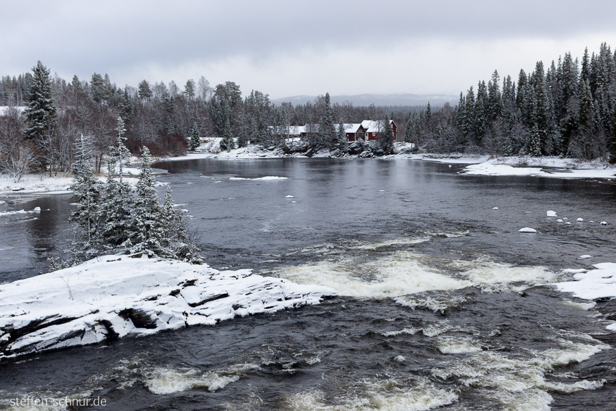 snow
 Sweden
 Trees
 river
 houses
