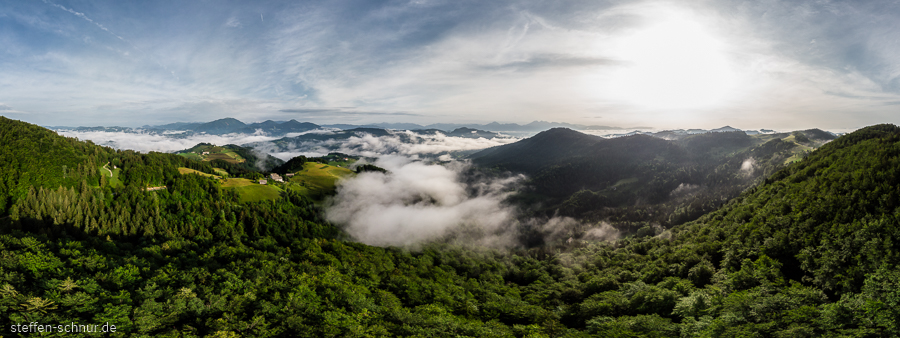 survey
 Slovenia
 fog
 panorama view
 sun
 forest
 clouds
